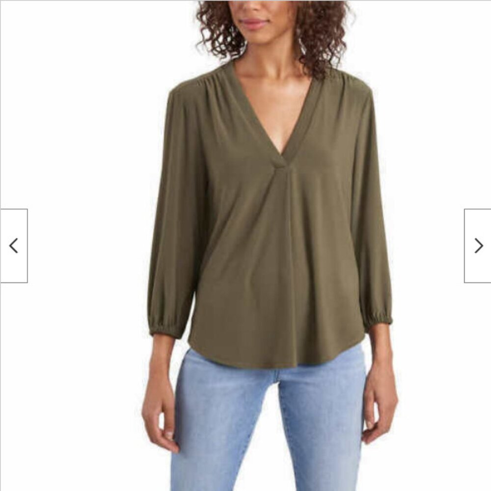 Two by Vince Camuto Ladies' V-Neck Long Sleeve Top (OLYMPIA GREEN, L)